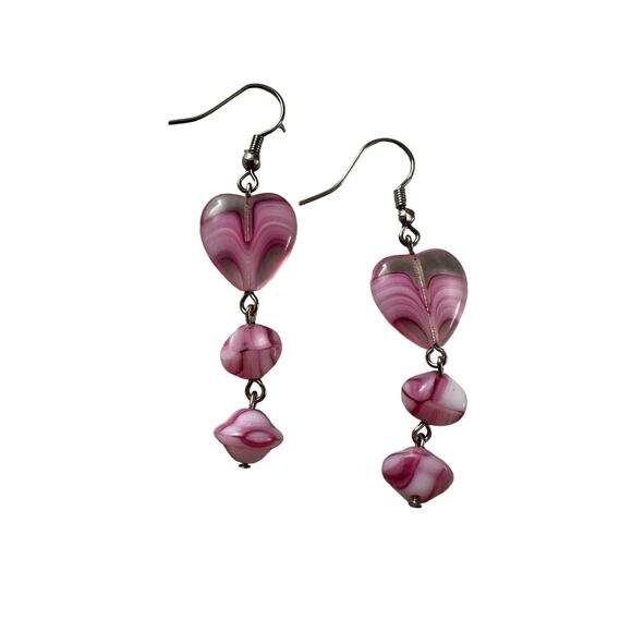Pink Glass Heart Earrings - Picture 2 of 4